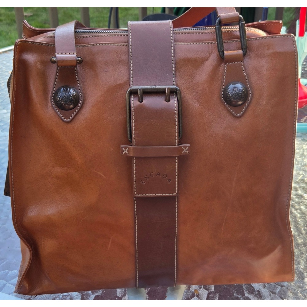 Escada Top Handle Leather Bag Cognac Brown Buckle Crest Detail Luxury Handbag